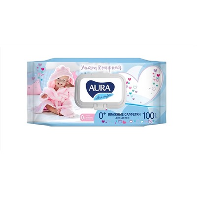 AURA ULTRA COMFORT Влажные салфетки для детей с экстрактом алоэ и витамином Е 100шт с крышкой