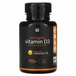 Vitamin D3 250mcg (1 капсула) 	Sports Research, США, 120 капсул