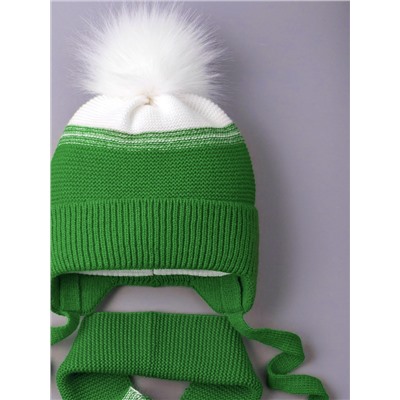 Шапка вязаная детская с помпоном на завязках, меланж + шарф с помпонами, зеленый