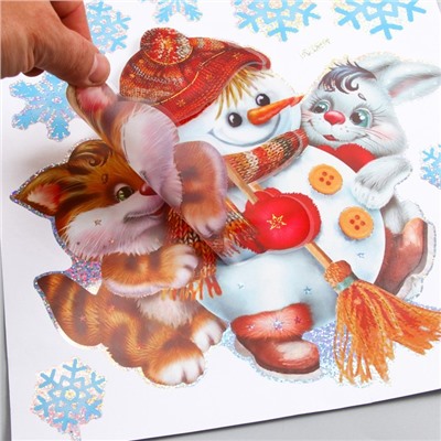 Наклейка пластик интерьерная 3D "Снеговик и звери" 60х30 см