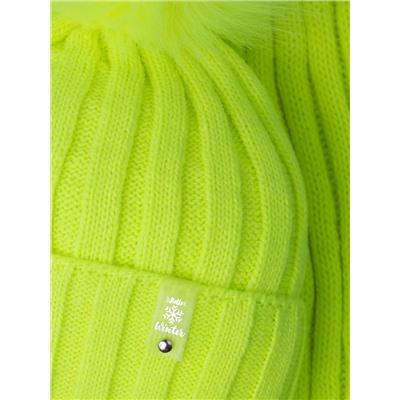 Шапка вязаная детская с помпоном на завязках, лапша, HELLO WINTER + шарф, неоновый зеленый