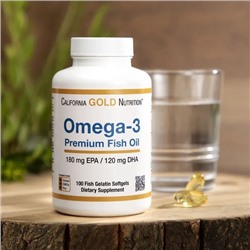 California Gold Nutrition, омега-3, рыбий жир премиального качества, 180 мг ЭПК / 120 мг ДГК, 100 капсул из рыбьего желатина