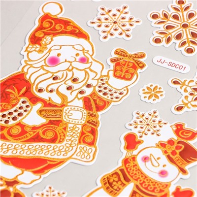 Наклейка пластик "Дед Мороз и Снеговик под снежинками" золотисто-красная 17х27 см