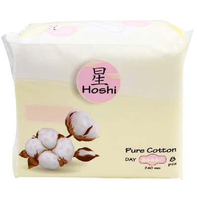 HOSHI. Pure Cotton Прокладки гигиенические для критич.дней  дневные Day Use (240мм), 8шт