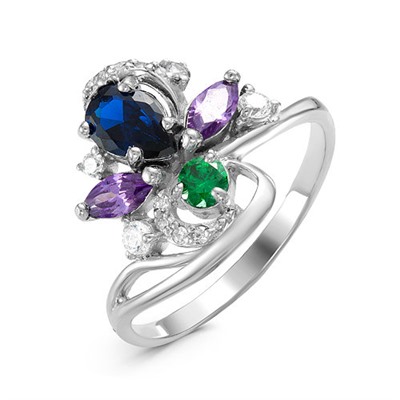 Серебряное кольцо с фианитами цвета изумруд, аметист и сапфир 029