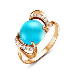 Позолоченное кольцо с голубым камнем "Кошачий глаз" - 294 - п