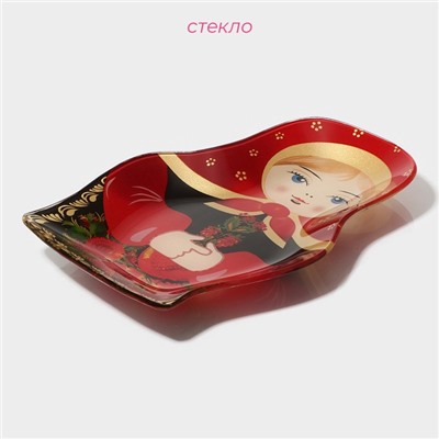 Блюдо стеклянное сервировочное Доляна «Матрёшка в красном», 20,4×13,5×1,8 см, цвет красный