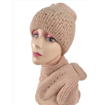 Комплект шапка женская, шарф и варежки, цвет пудра
