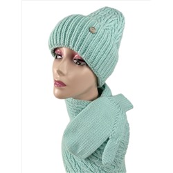 Комплект шапка женская, шарф и варежки, цвет бирюза
