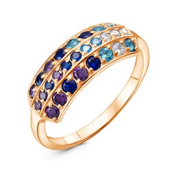 Позолоченное кольцо с фиолетовыми,синими и голубыми фианитами - 1138 - п