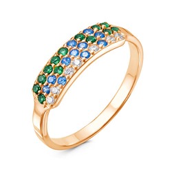 Позолоченное кольцо с зелеными,голубыми и бесцветными фианитами - 1140 - п