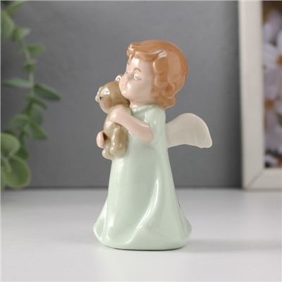 Сувенир керамика "Малышка-ангел в зелёном платье с медвежонком" 5х4х9 см