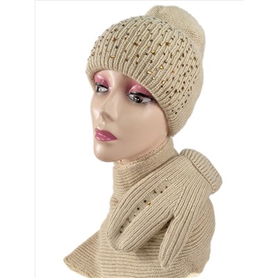 Комплект шапка женская, шарф и варежки, цвет бежевый