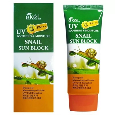 EKEL Soothing & Moisture Snail Sun Block SPF 50/PA+++ - Смягчающий солнцезащитный крем с муцином улитки, 70 ml.